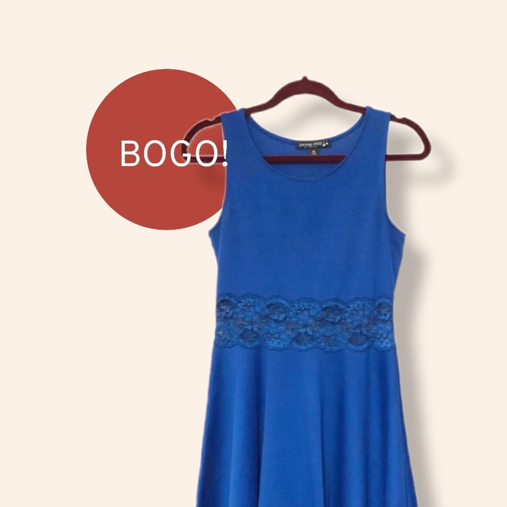 LIVING DOLL Dress Fit and Flare Lace Waist Sleeveless Blue Medium